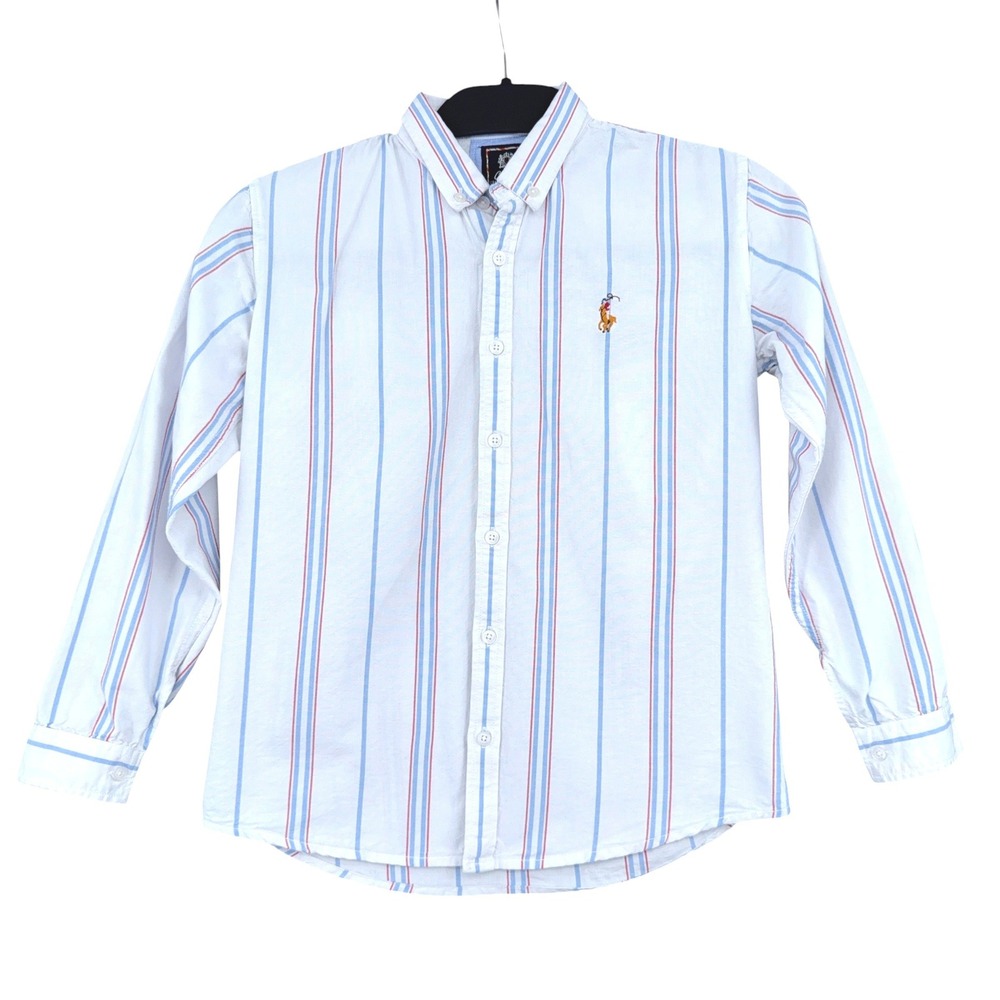 Chase Button Down Shirt Kids 12 White Blue Red Striped Long Sleeve‎